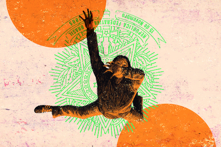 Ilustração ligeiramente abstrata mostra homem caindo em cima de um brasão da República no meio de dois círculos laranja