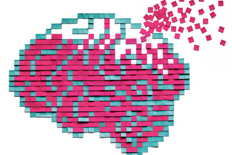 Desenho de um cérebro feito por papéis adesivos, do tipo post-it, azuis e cor-de-rosa