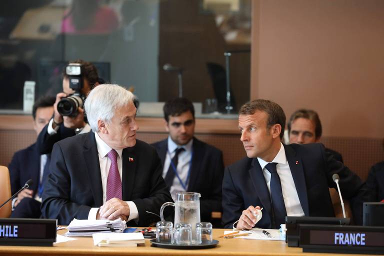 Sebatián Piñera, presidente do Chile, e Emmanuel Macron, presidente da França, durante reunião na ONU, em 23 de setembro de 2019