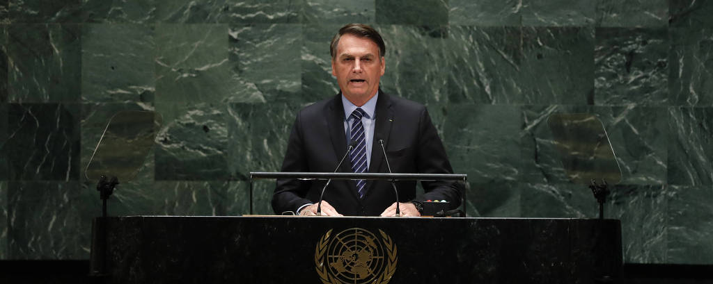 O presidente brasileiro, Jair Bolsonaro, durante o discurso na Assembleia Geral da ONU, em Nova York, nesta terça (24)