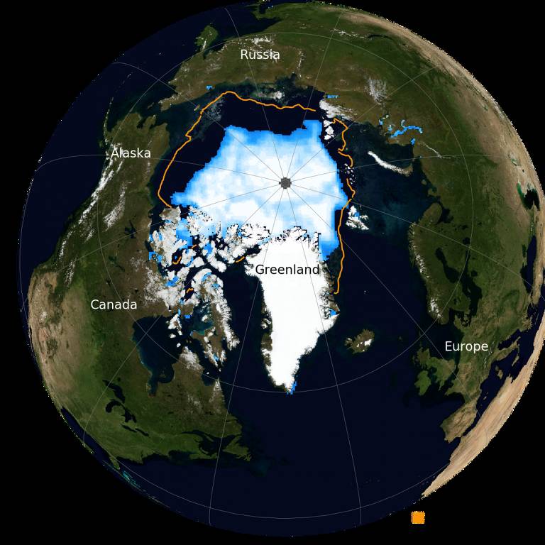 Linha laranja (média de 1981 a 2010) mostra extensão maior de gelo no Ártico no passado