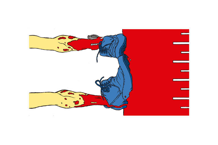 Ilustração de par de pernas usando tênis azuis, com as canelas vermelhas, como se fosse sangue, pisando em um chão vermelho.