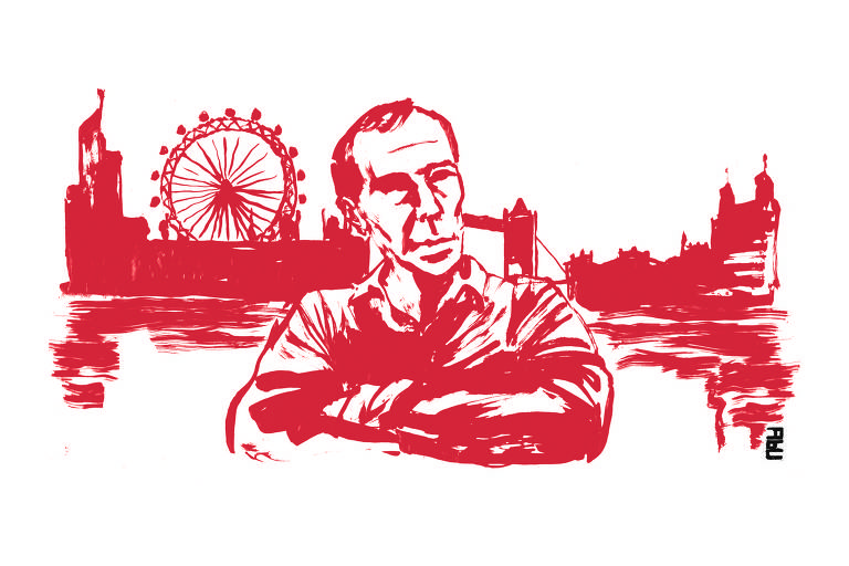 Ilustração em vermelho traz Benedict Cumberbach como Dominic Cummings, atrás vários cartões postais londrinos: o rio Tâmisa, a London Eye, o parlamento etc