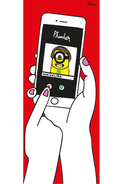 Ilustração de mãos segurando um celular, no qual está o aplicativo Ptinder. A pessoa está vendo o perfil do "minionliro"e não vai dar match