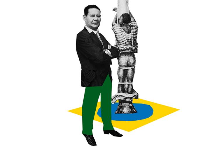 Colagem com o vice-presidente Hamilton Mourão de braços cruzados no primeiro plano. No fundo, um escravo está arramado em um tronco, com as calças abaixadas, em cima de símbolo que remete ao centro da bandeira brasileira 
