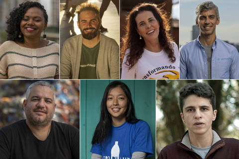 Os finalistas dos prêmios Empreendedor Social, Empreendedor Social de Futuro e Troféu Grão 2019. Esq. p/ dir., no alto: Adriana Barbosa (Feira Preta), Diogo Tolezano (Pluvi.on), Alcione Albanesi (Amigos do Bem), Thomaz Srougi (dr.consulta). Esq. p/ dir., embaixo: Guilherme Brammer Jr. (Boomera), Laís Higashi (Litro de Luz) e Gustavo Glasser (Carambola) ORG XMIT: LOCAL1909271838028347