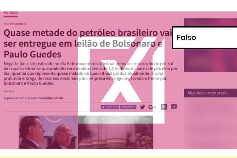 Texto viralizado no Facebook que afirma que quase metade do petróleo brasileiro vai ser entregue em leilão