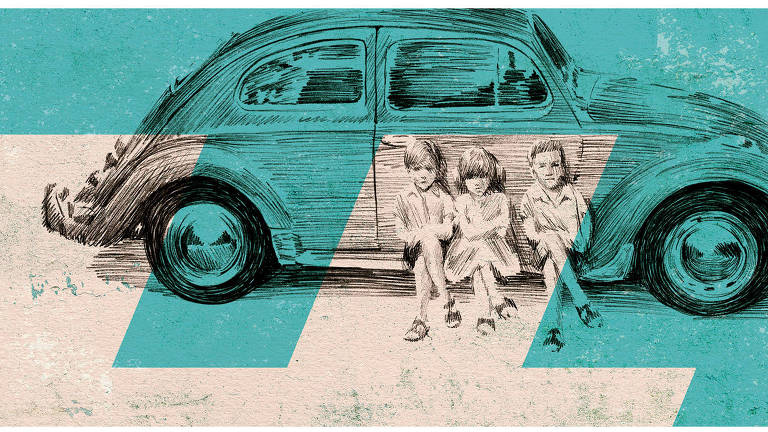 Na ilustração, três crianças estão sentadas na lateral de um Fusca. As três estão de pernas cruzadas, duas de camisa, bermuda e chinelo; uma de vestido
