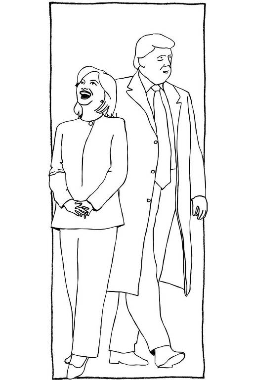 Ilustração da Hillary Clinton e Donald Trump em linhas pretas. Ela está andando para um lado sorrindo e ele para o outro com uma expressão séria