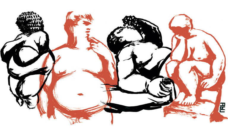 Ilustração de quatro pessoas nuas com sobrepeso em vermelho e preto. A primeira é uma pessoa de perfil. A segunda está de frente, com o rosto virado para o lado e uma mão no ombro. A terceira está deitada se servindo com um cacho de uvas. A quarta é uma pessoa sentada com a cabeça apoiada em uma das mãos