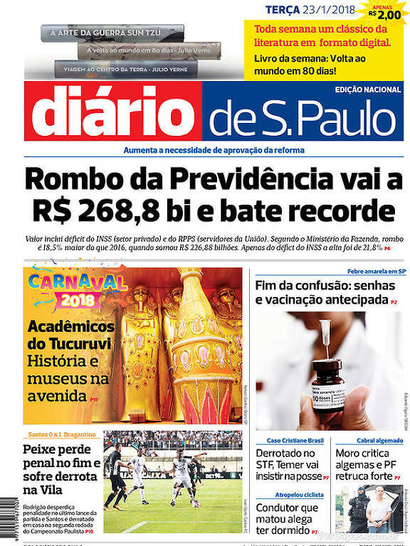 Última capa do jornal Diário de S.Paulo, que circulou em 23 de janeiro de 2018