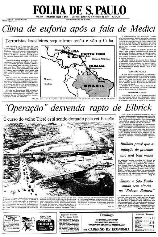 Primeira página da Folha de S.Paulo de 9 de outubro de 1969