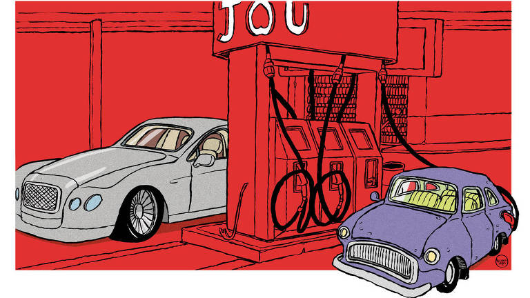 Na ilustração, há um posto de gasolina todo vermelho e nele dois carros, um luxuoso prata e um roxo. O carro roxo está sendo abastecido no primeiro plano e o prata está do outro lado da bomba, no fundo