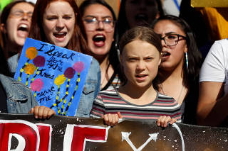 Climate change environmental activist Greta Thunberg marches at a climate change rally and march in Rapid City, South Dakota