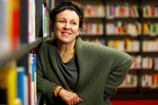 Olga Tokarczuk poses during a photo call after being awarded the 2018 literature Nobel Prize, in Bielefeld
