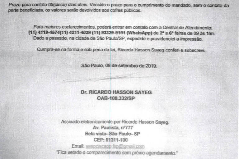 Carta falsa assinada por estelionatário em nome do advogado Ricardo Hasson Sayeg