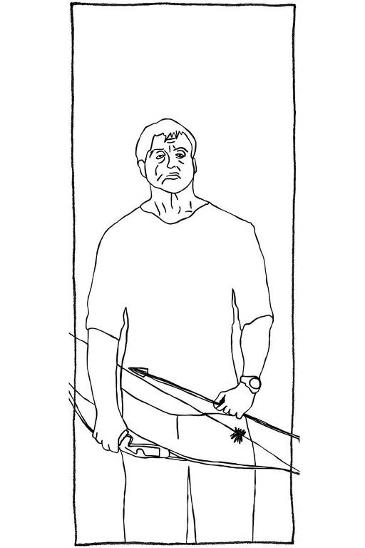 Ilustração em linhas pretas do ator Sylvester Stallone no papel de Rambo. Ele está segurando um acordo e flecha