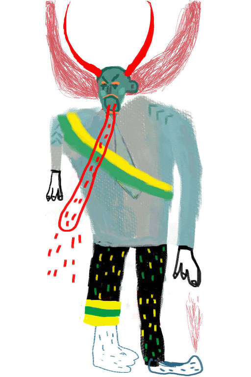 Ilustração abstrata de uma pessoa com cabelo de palhaço, chifres vermelhos e língua longa para fora da boca. Ela está usando uma faixa verde amarela