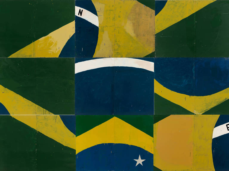 Obra do artista Emmanuel Nassar, é uma bandeira do Brasil dividida em 9 retângulos que estão embaralhados