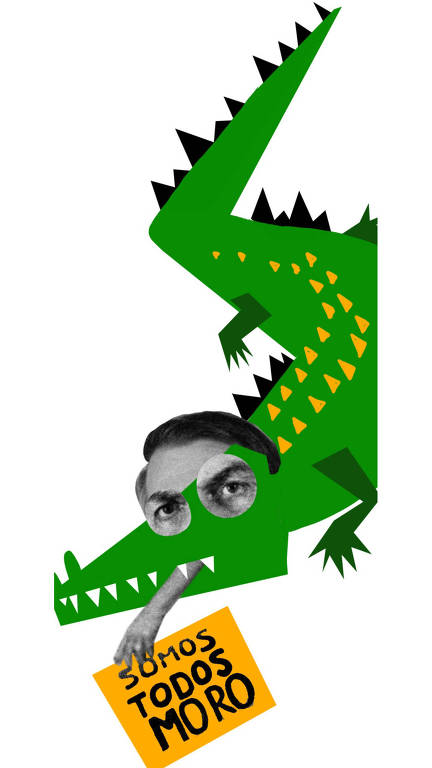Ilustração com colagem em que jacaré verde com os olhos e testa de Jair Bolsonaro segura placa amarela escrita "somos todos Moro"