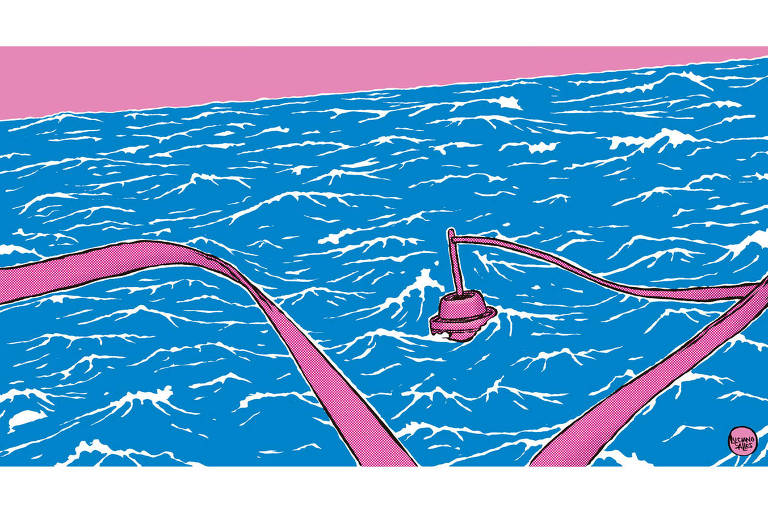 Ilustração de mar aberto em azul, com céu rosa. Há uma faixa boiando sobre o mar, rosa também