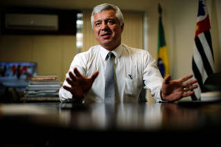 Senator Major Olimpio gestures during an interview with Reuters in Brasilia