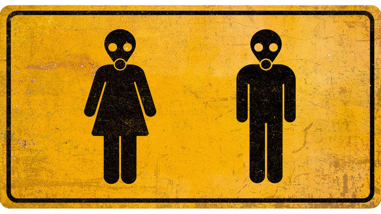 Pictogramas pretos de um homem e uma mulher com máscaras respiratórias. O fundo é amarelo com textura desgastada
