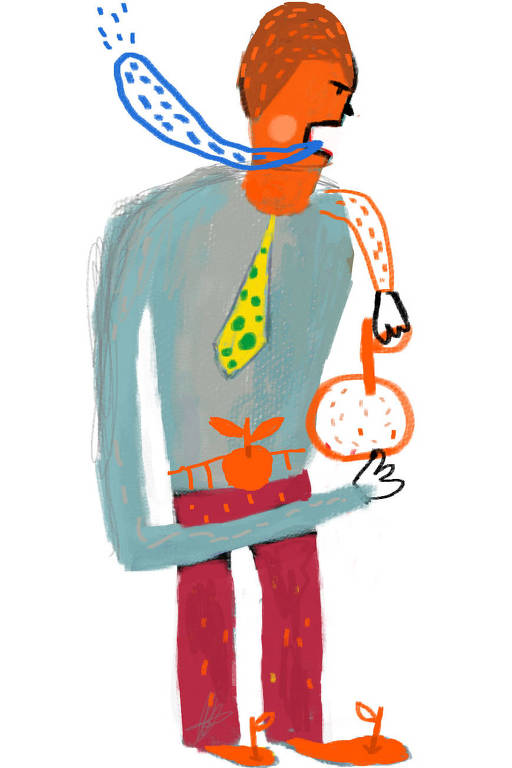 Ilustração de homem estilizado, ele está de gravata verde e amarela, com expressão brava e língua para fora. Ele está segurando uma laranja, o cinto dele é feito de laranja e os sapatos também