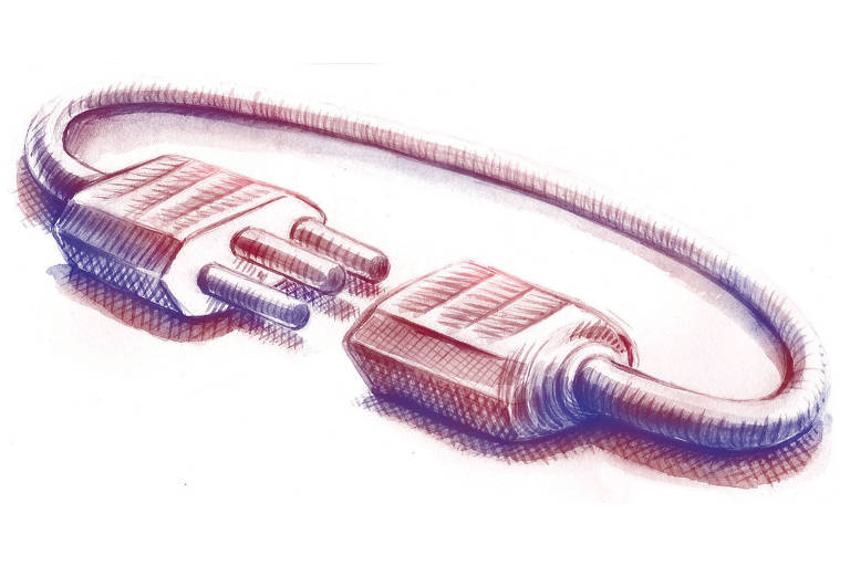Ilustração de cabo com conectores macho e fêmea em suas pontas, virados de frente um para o outro, prestes a se conectar, formando um círculo