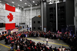 Liberal leader and Canadian Prime Minister Justin Trudeau campaigns for the upcoming election in the Hamilton Fire Department in Hamilton