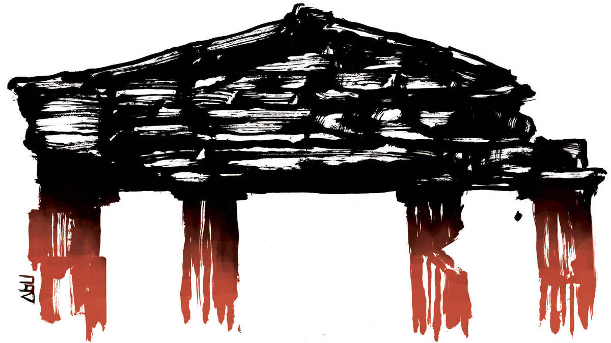 Ruínas da frente do Parthenon em preto e vermelho