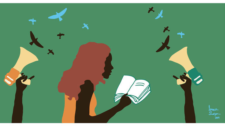 Uma mulher negra lê um livro no centro da imagem. Há uma mão com megafone e pássaros saindo dele de cada lado dela 