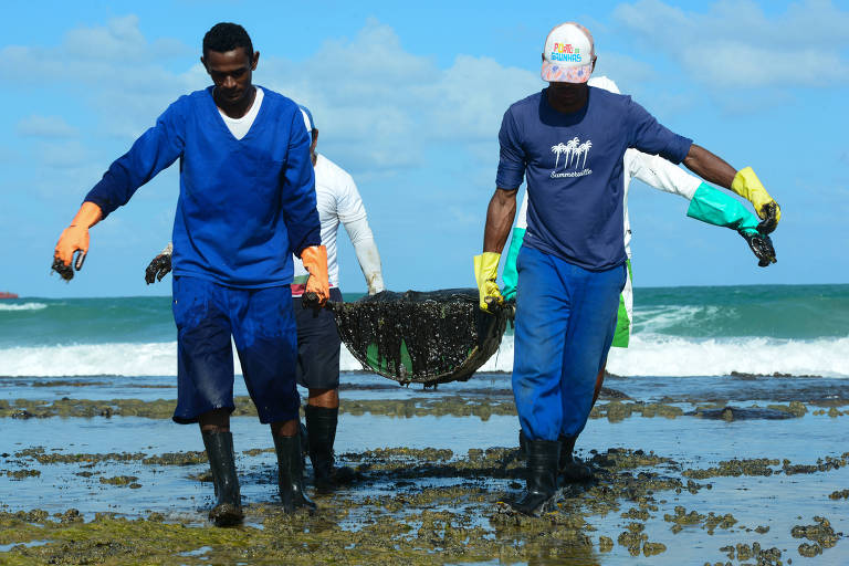 Voluntários tiram óleo de praias do Nordeste