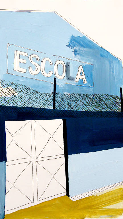 Pintura de fachada de uma escola em tons de azul