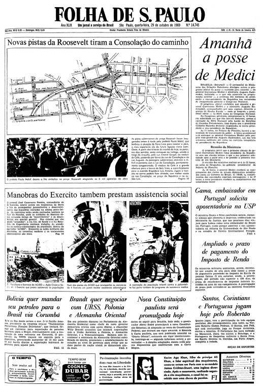 Primeira página da Folha de S.Paulo de 29 de outubro de 1969