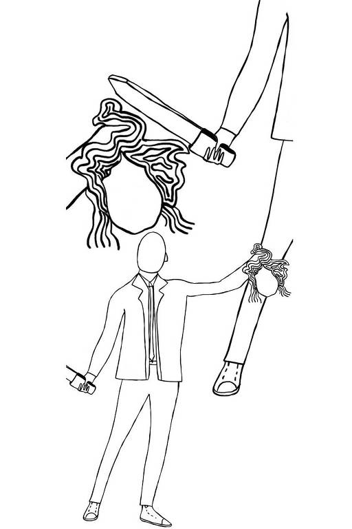 Ilustração de homem com uma faca em uma mão e uma cabeça na outra, como no mito de Medusa
