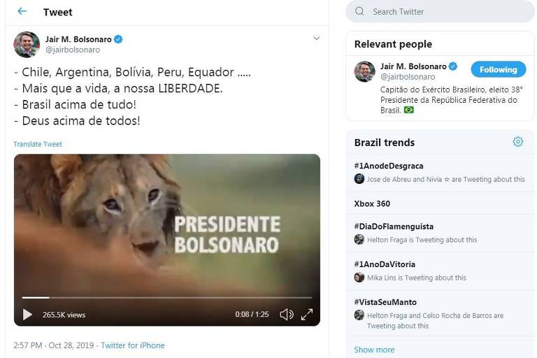 Tuíte do presidente Jair Bolsonaro em que ele aparece comparado a um leão atacado por hienas