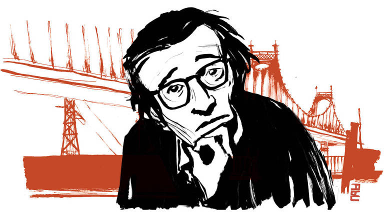 Woody Allen em preto e uma ponte em vermelho no fundo