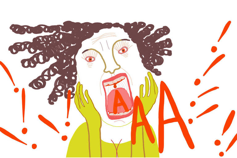 Ilustração de uma mulher gritando com a boca bem aberta de onde sai "AAA"e muitos sinais de exclamação