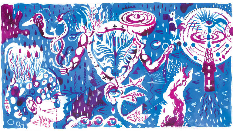 Ilustração em azul e magenta, com várias imagens sobrepostas, um rosto feminino, gotas de chuva, a cabeça de um pato etc.