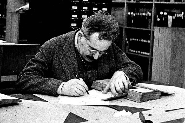 O escritor Walter Benjamin trabalha na biblioteca nacional de Paris, em 1937.