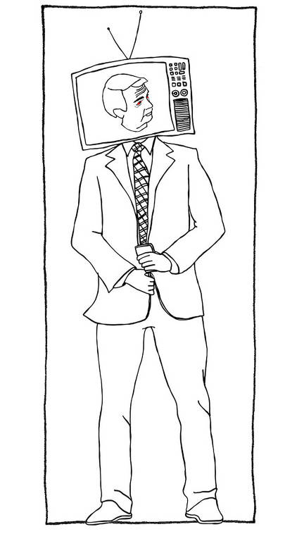 Ilustração em linhas pretas e fundo branco. Um homem de terno tem uma tv no lugar na cabeça. Na tela da tv, há a imagem da cabeça de Jair Bolsonaro com os olhos vermelhos