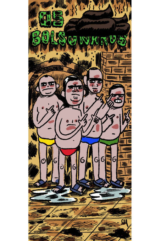A ilustração tem um título no alto "Os Bolsonaros" com um cocô em cima do nome da família. No centro, o presidente e seus três filhos mais velhos estão vestindo sungas coloridas e chinelos e fazendo o gesto de arma com as mãos