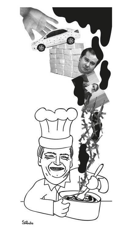 Ilustração e colagem em preto e branco, com o presidente Bolsonaro vestido de chef de cozinha mexendo uma panela, dela saem diversas imagens: armas, um carro fuzilado, pacotes de cocáina, Rodrigo Maia chorando etc.