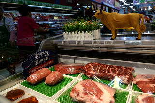 Beef for sale is seen at a Walmart in Beijing