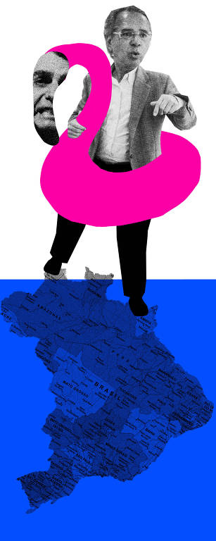 Colagem com Paulo Guedes com uma bóia de flamingo com a cara de Bolsonaro, em cima de um mapa do Brasil afundado debaixo da água