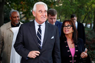 Former Trump campaign adviser Stone departs following the second day of his criminal trial at U.S. District Court in Washington