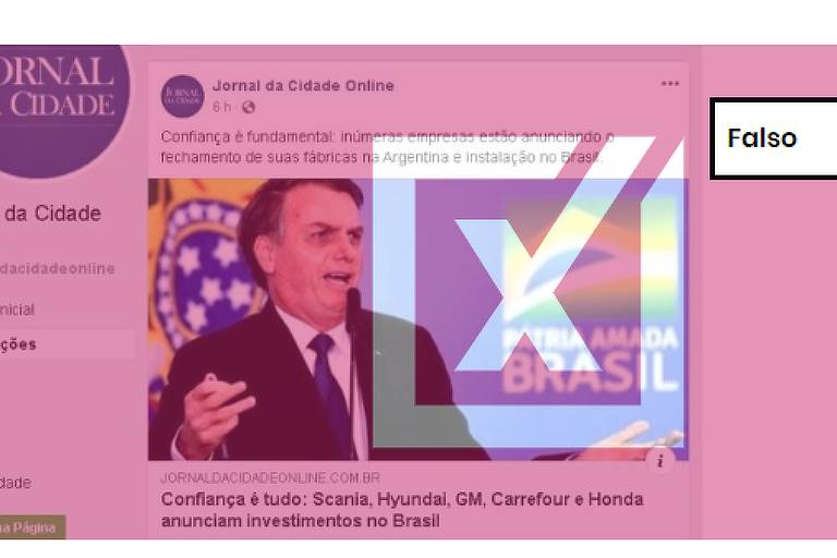 O conteúdo compartilhado é um texto do próprio site com o título Confiança é tudo: Scania, Hyundai, GM, Carrefour e Honda anunciam investimentos no Brasil junto à afirmação de que inúmeras empresas estão anunciando o fechamento de suas fábricas na Argentina e instalação no Brasil.