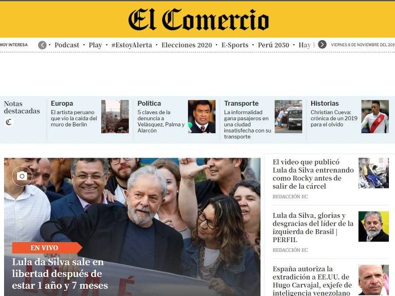 Jornal peruano El Comercio repercute libertação do ex-presidente Lula