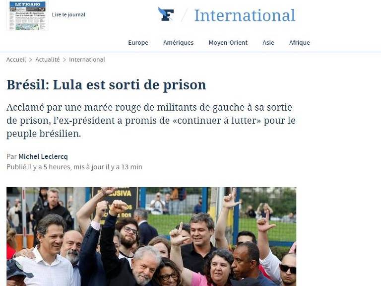 Jornal francês Le Figaro repercute libertação do ex-presidente Lula